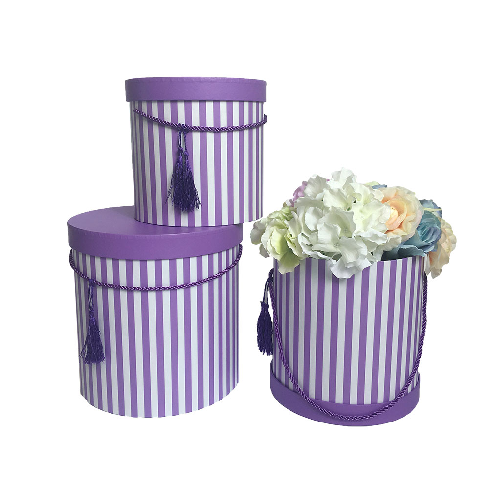 Set of 3, Large Round Flower/Gift Boxes with Lids, Color Stripes Design