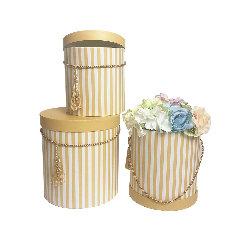 premium-quality-round-box-flower-gift-box-yellow-stripes-set-of-3-w9353 Set of 3, Large Round Flower/Gift Boxes with Lids, Color Stripes Design | W935