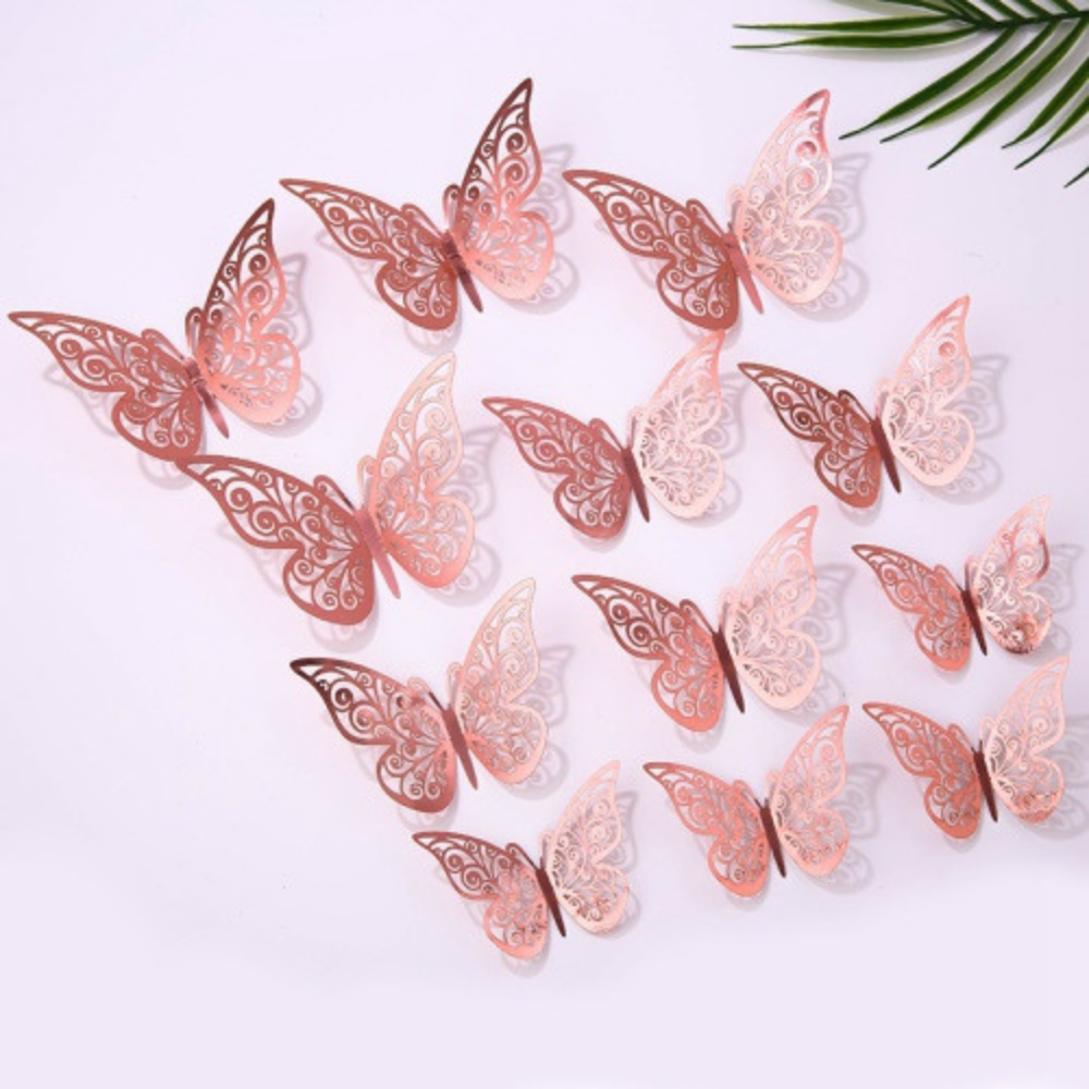 3-D Stick-On Butterflies, Pack of 12, Silver/Rose Gold/Gold