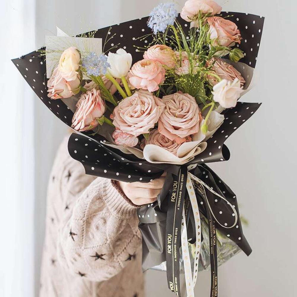 OY002-177-thick-flower-wrap-wrapping-koren-fuchsia-black-pink-paper-waterproof-florales-plastic-celophane-newspaper-print-textured-bouquet-florist-supplies Mini Polka Dot Design Wrapping Paper, Waterproof 23"x23", Pack of 20 sheets, Various Colors