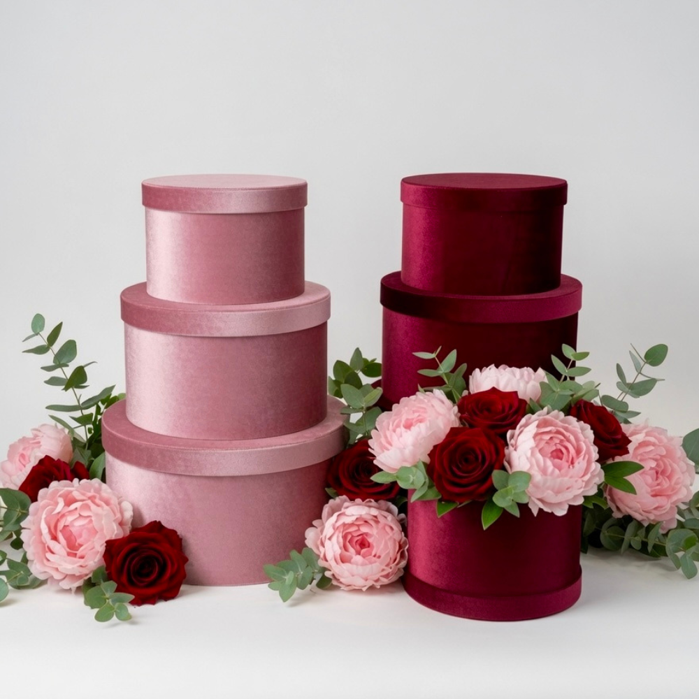 W155-velour-flower-box-5 Set of 3, Luxurious Velour Large Round Flower/Gift Boxes with Lids, Various Colors | W155