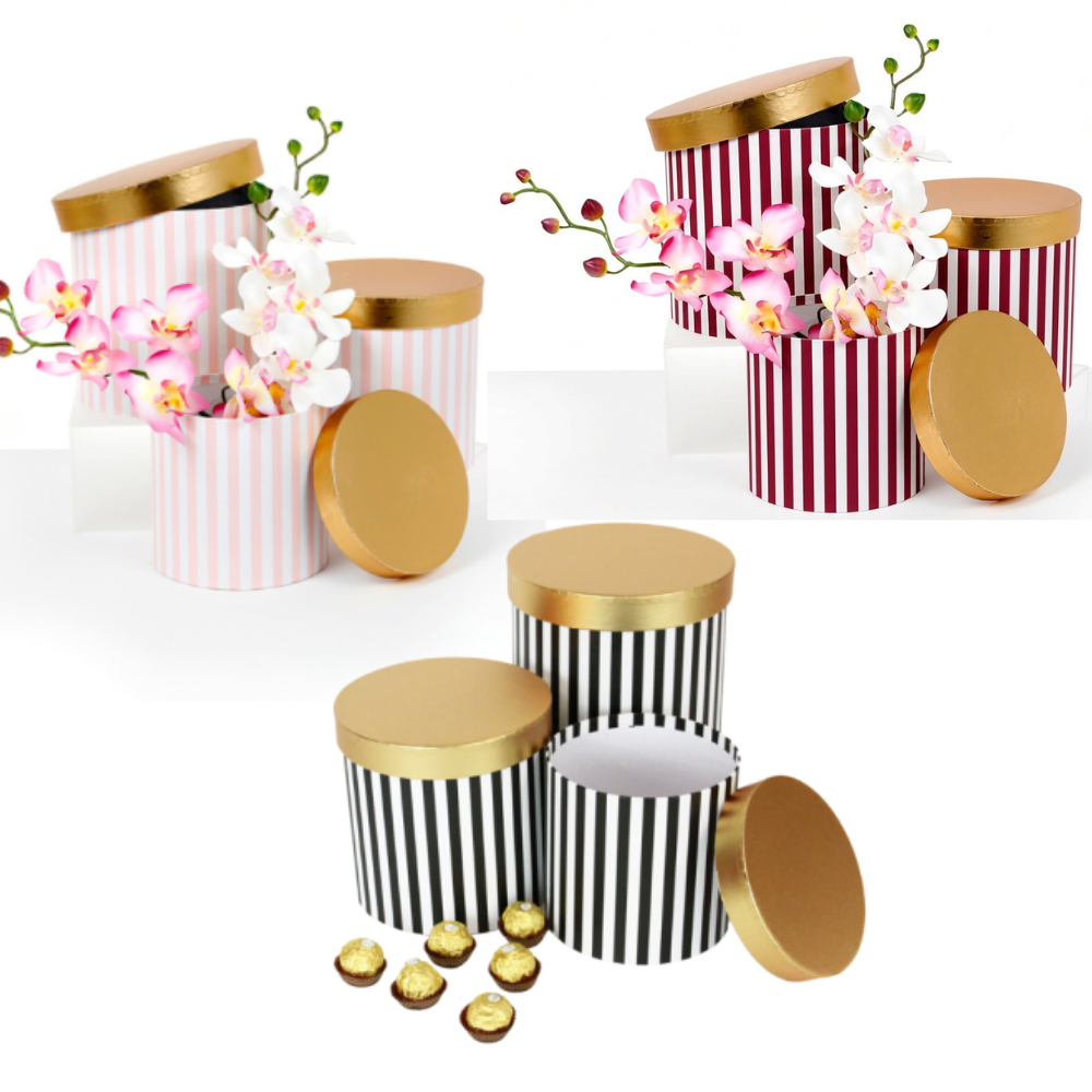 unikpackaging-W7415-cylinder-hat-round-supplies-florist-floral-foam-flowers-burgundy-dark-red-stripes-gift Set of 3, Round Flower/Gift Boxes with Golden Lids, Pink/Black Stripes | W7414/7412