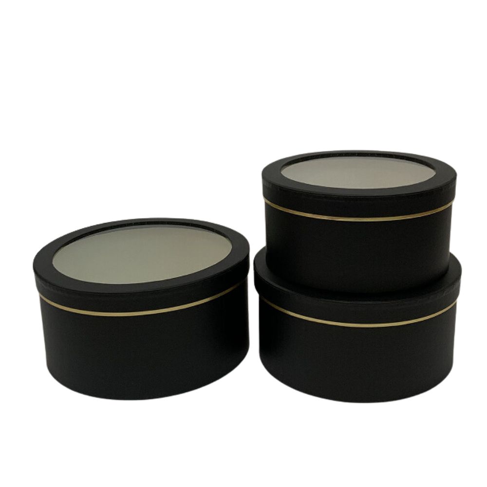 Set of 3 Round Boxes with Clear Window Lids, Various Colors, W200