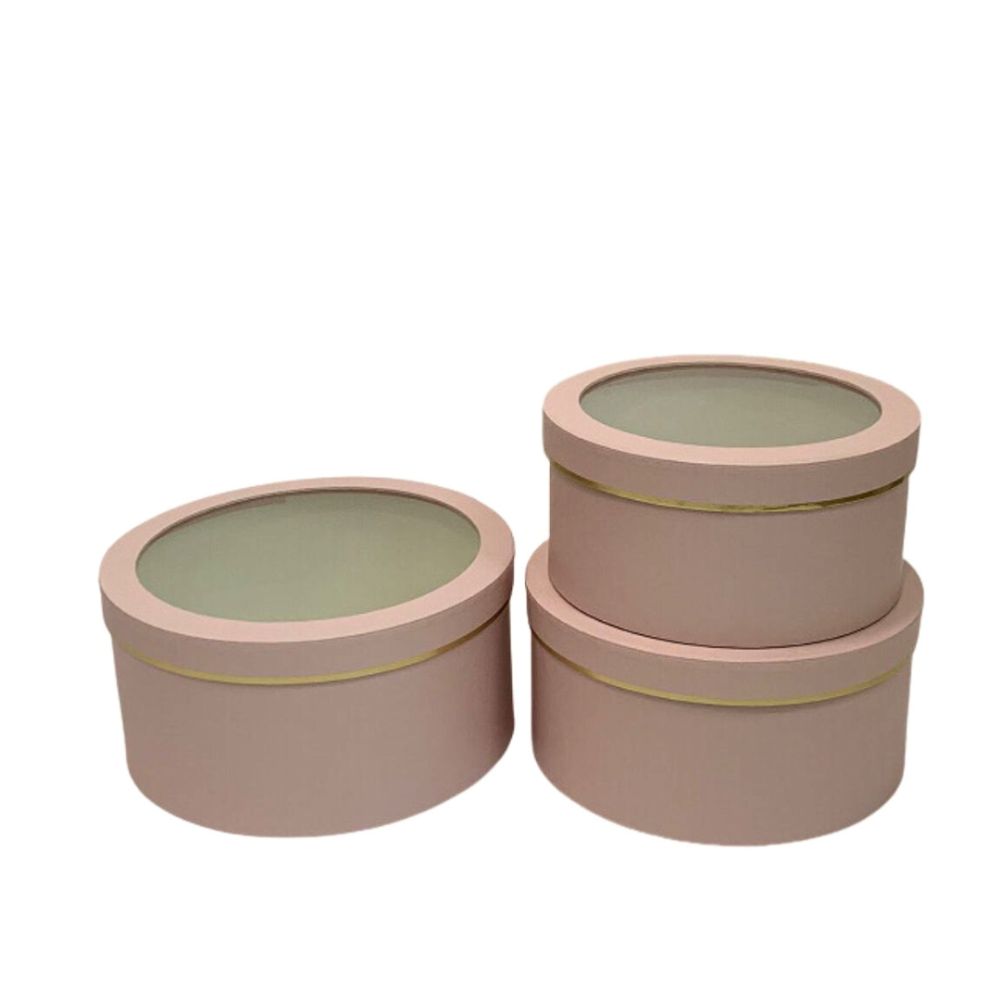 Set of 3 Round Boxes with Clear Window Lids, Various Colors, W200