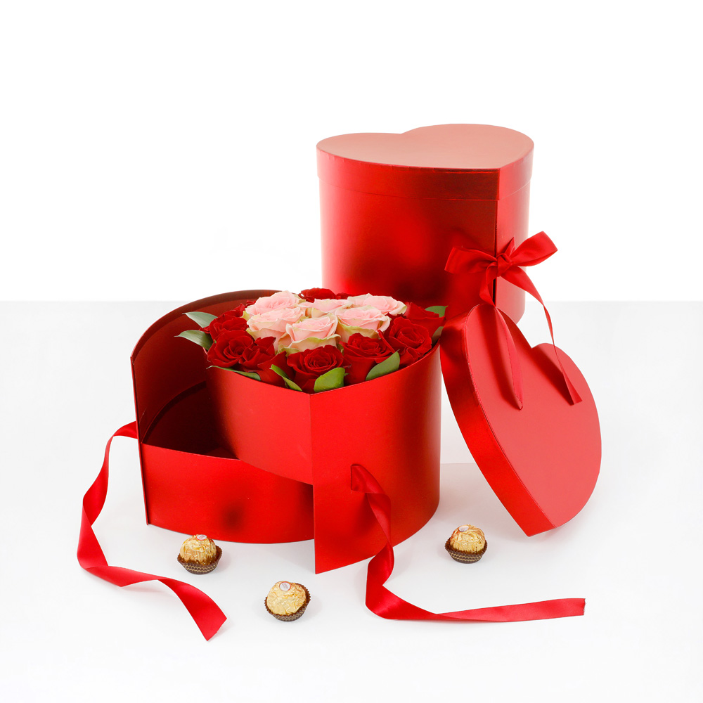 Double Layer Heart Shaped Flower Gift Box, Size 10"x 9"x 7.5", Various Colors |