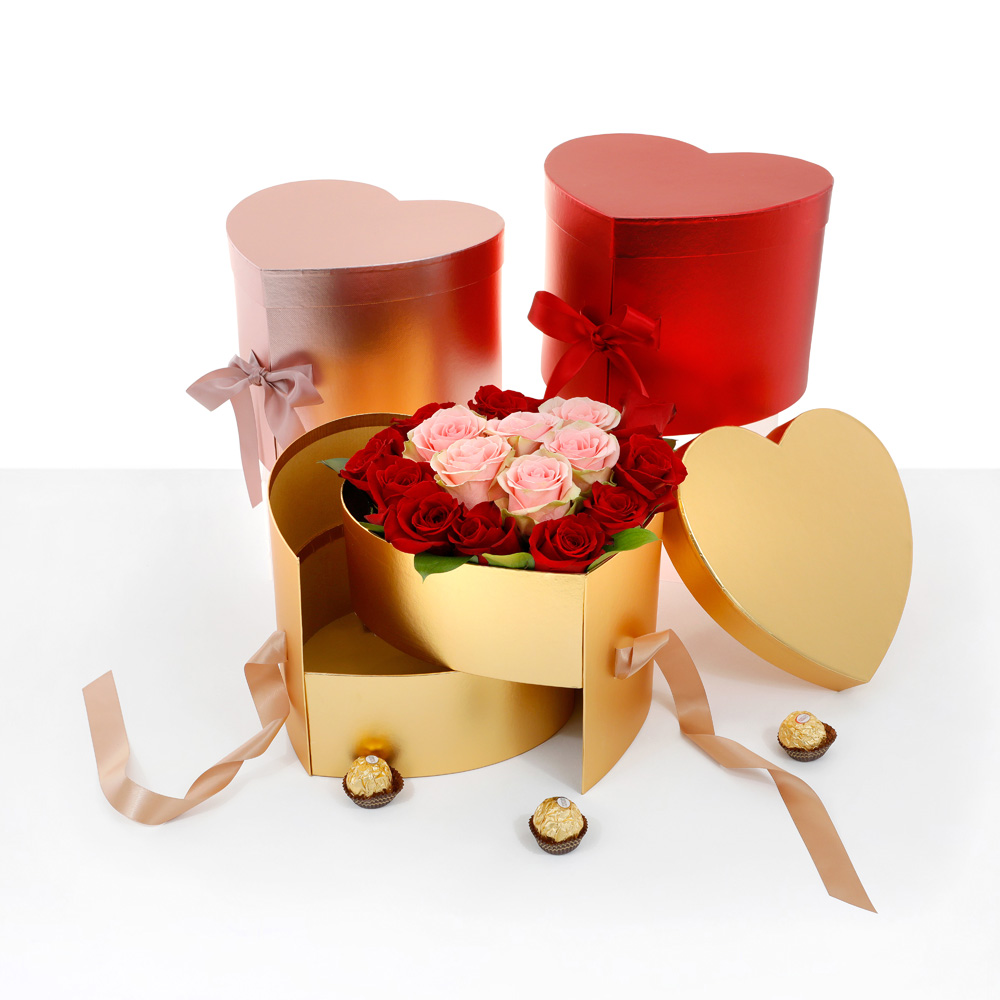Double Layer Heart Shaped Flower Gift Box, Size 10"x 9"x 7.5", Various Colors |