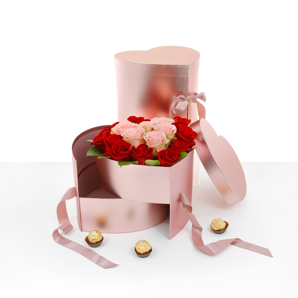 Double Layer Heart Shaped Flower Gift Box, Size 10"x 9"x 7.5", Various Colors |