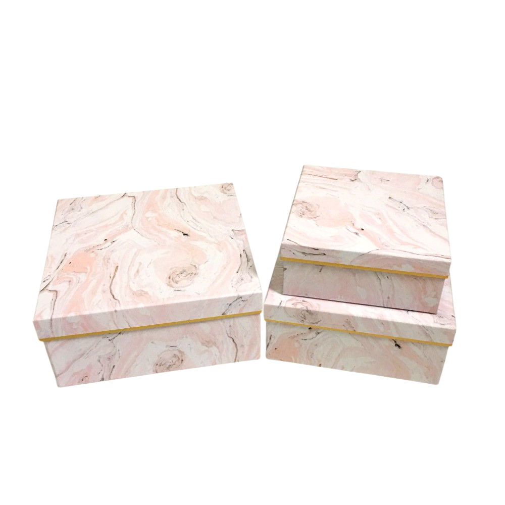 Set of 3, Square Flower Box - Marble with Golden Rim Design, Various Colors | W67