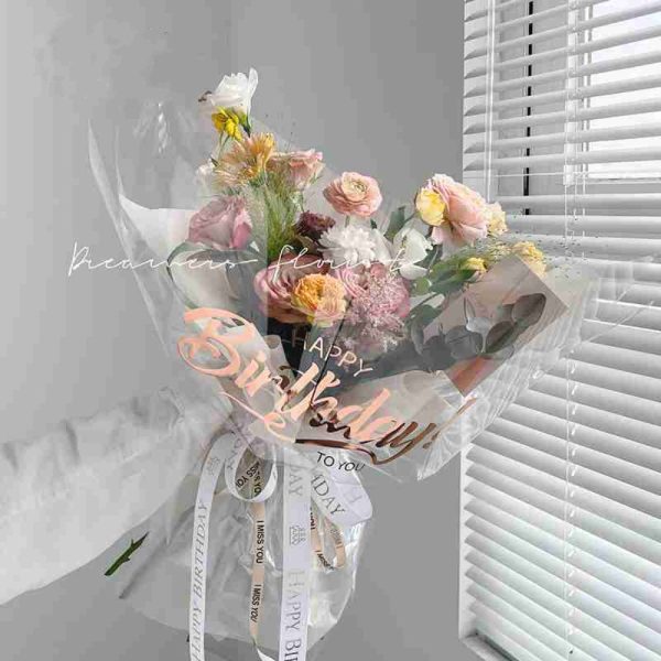 Happy Birthday, Transparent Flower Wrapping Paper, Waterproof, 20″x 22.5″,  15 sheets per pack, Various Colors