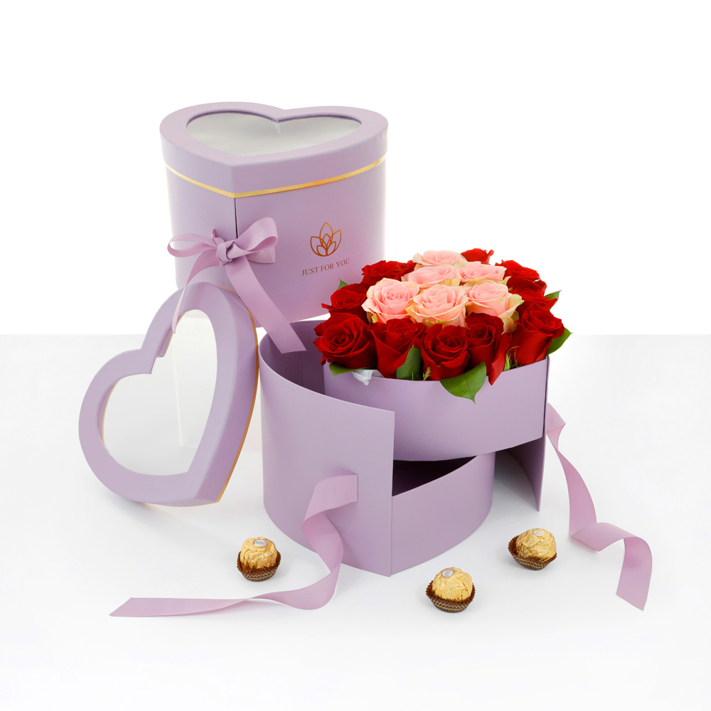 Double Layered Heart Shaped Flower/Gift Boxes with Plastic Liner - Size 9"x 8"x 6.5", Various Colors