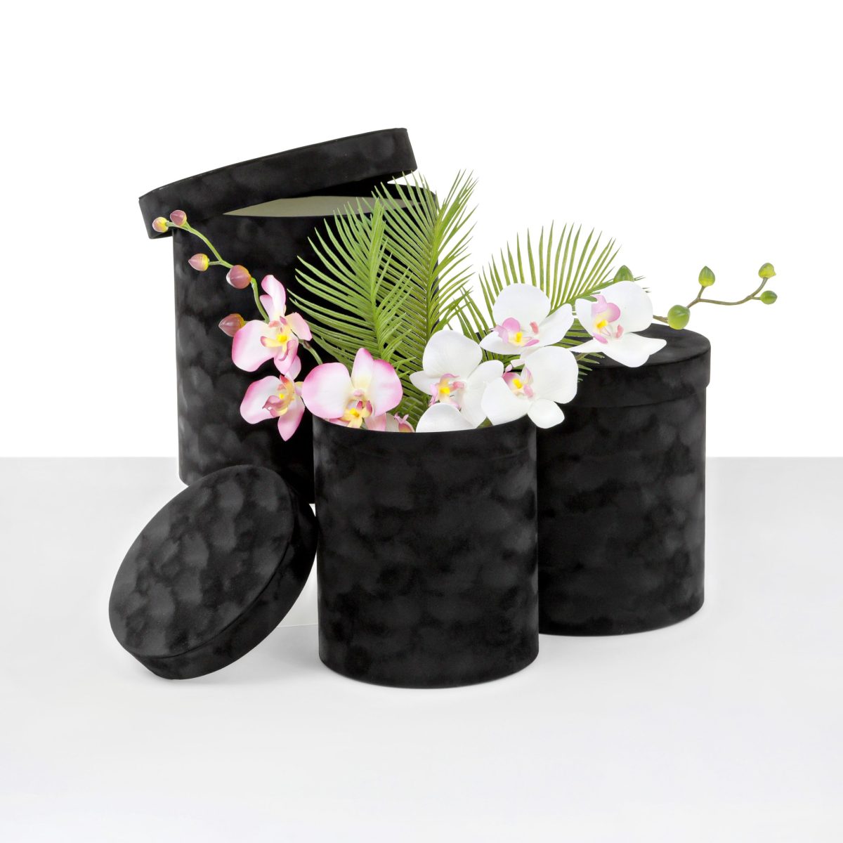 Set of 3, LARGE Size Velvet Round Flower/Gift Box Set with Lids, Various Colors | W565