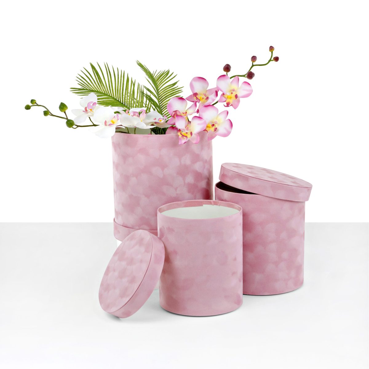 Set of 3, LARGE Size Velvet Round Flower/Gift Box Set with Lids, Various Colors | W565