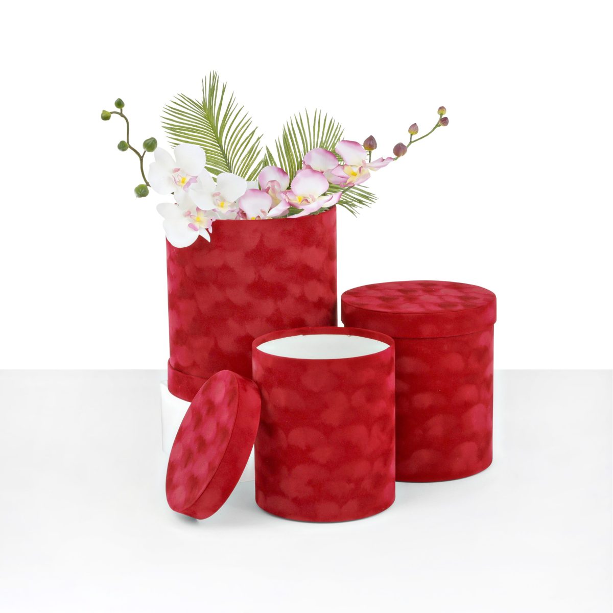 Set of 3, LARGE Size Velvet Round Flower/Gift Box Set with Lids, Various Colors | W565