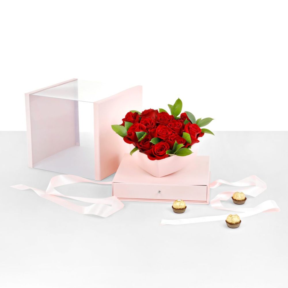 Large Luxury Square Flower/Gift Box with Heart Display and Surprise Drawer, Various Colors