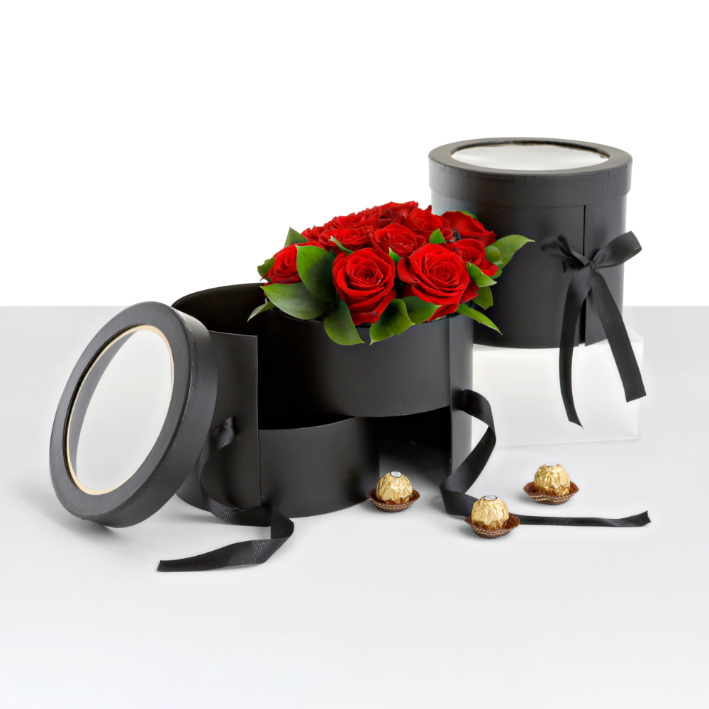 heart-shaped-flower-velvet-hat-box-white-pink-valentines-gift-square-cylinder-flowers-florist-supplies-floral-bouquet-wrap-paper-packaging-for-arrangement-party-favor-boxes-w9590 2-tiered Round Shaped Flower/Gift Box, Size 7.8" dia x 6.7", Plastic Liner, Various Colors | W959