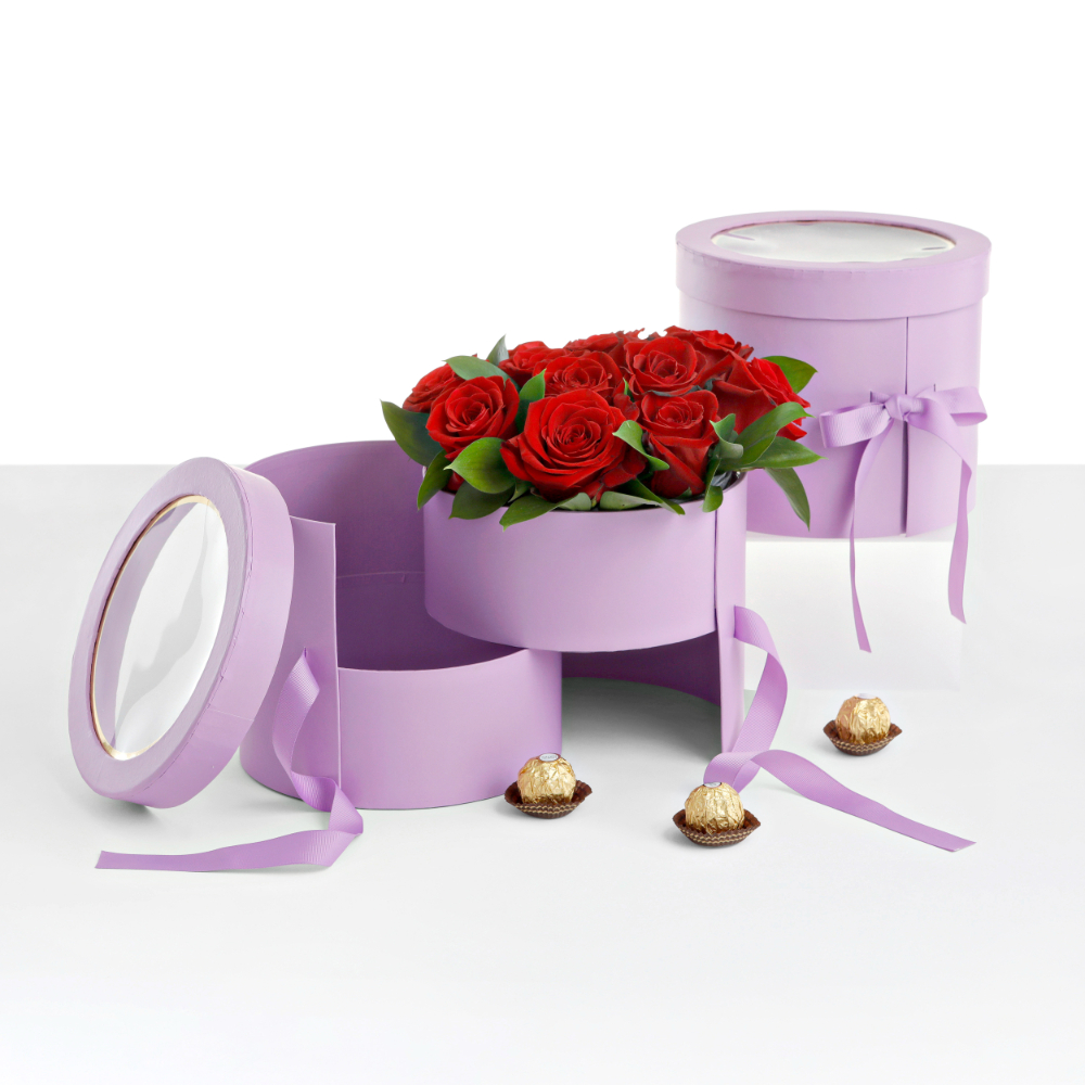 heart-shaped-flower-velvet-hat-box-white-pink-valentines-gift-square-cylinder-flowers-florist-supplies-floral-bouquet-wrap-paper-packaging-for-arrangement-party-favor-boxes-w9590_purp 2-tiered Round Shaped Flower/Gift Box, Size 7.8" dia x 6.7", Plastic Liner, Various Colors | W959