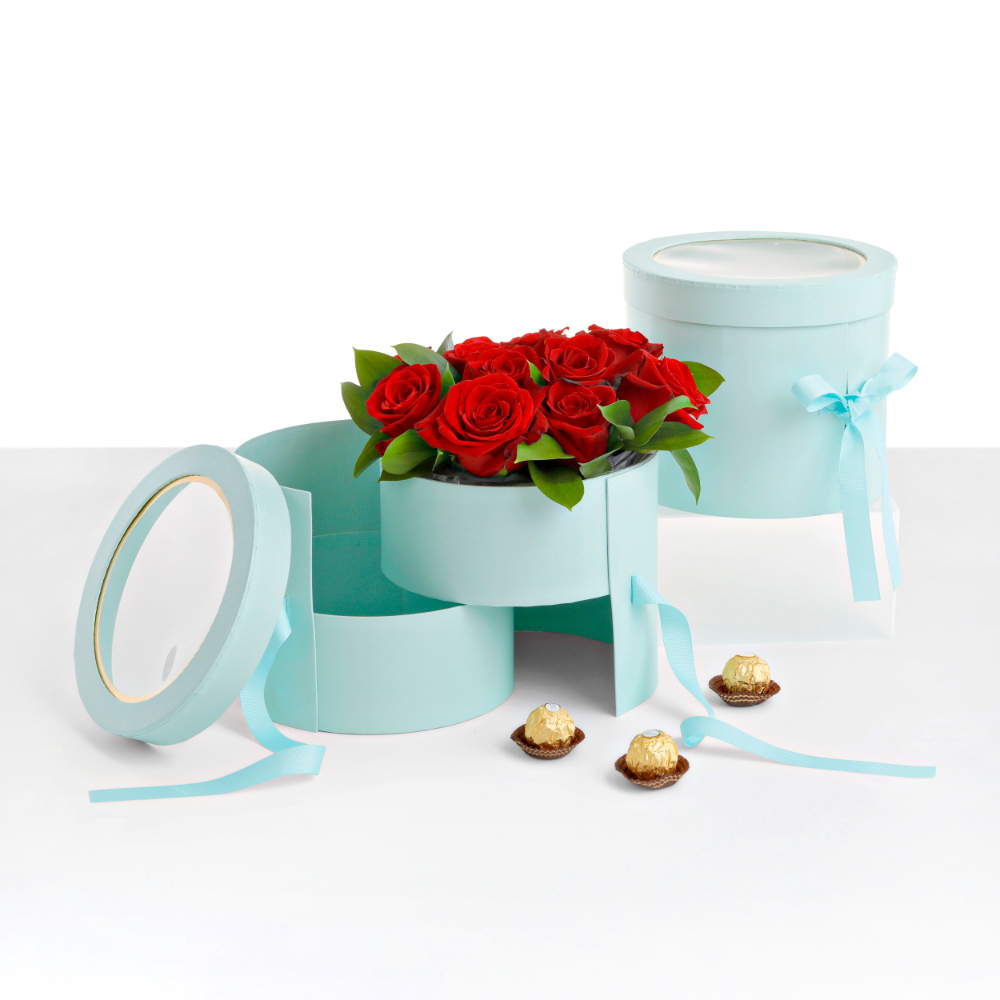 heart-shaped-flower-velvet-hat-box-white-pink-valentines-gift-square-cylinder-flowers-florist-supplies-floral-bouquet-wrap-paper-packaging-for-arrangement-party-favor-boxes-w9590_teal 2-tiered Round Shaped Flower/Gift Box, Size 7.8" dia x 6.7", Plastic Liner, Various Colors | W959