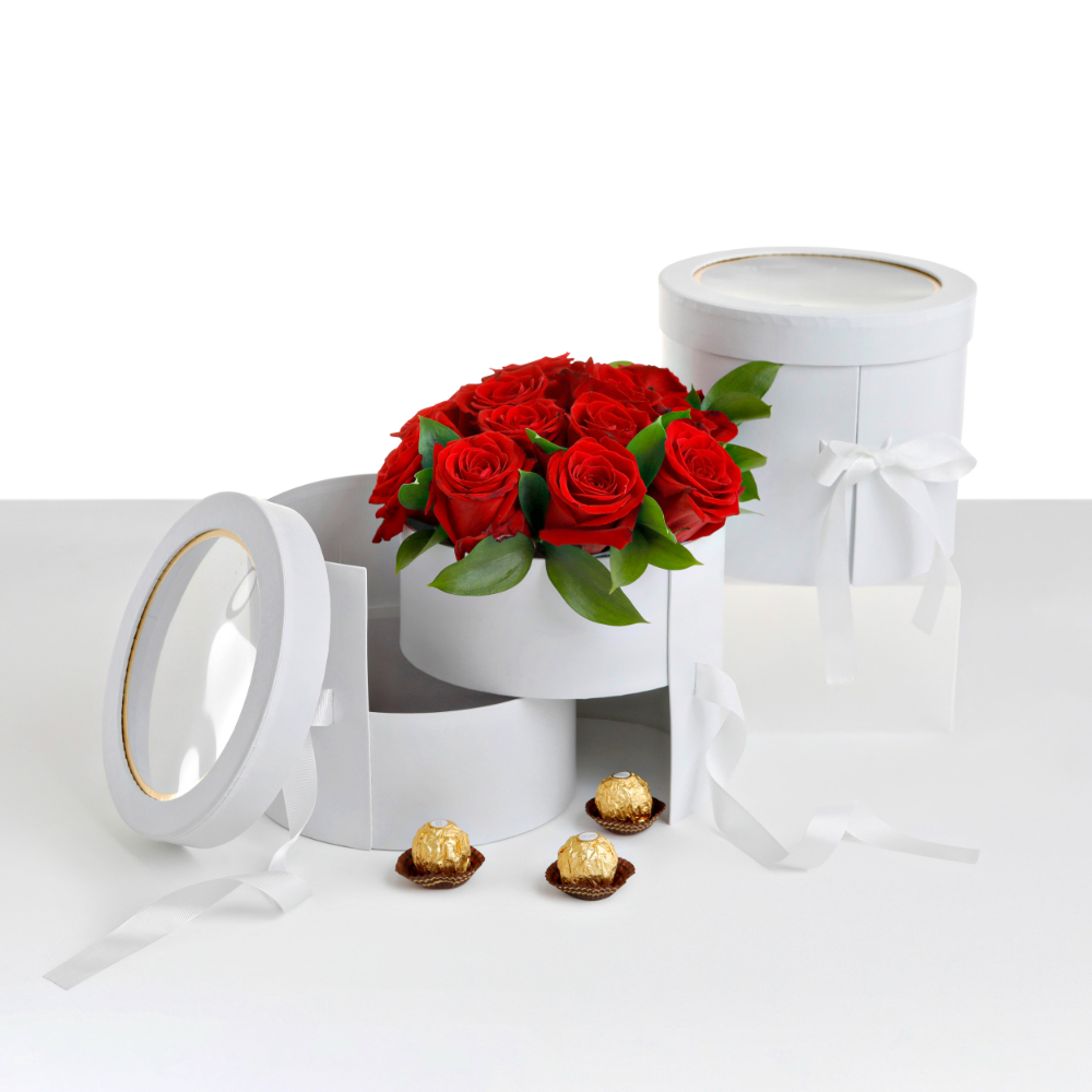 heart-shaped-flower-velvet-hat-box-white-pink-valentines-gift-square-cylinder-flowers-florist-supplies-floral-bouquet-wrap-paper-packaging-for-arrangement-party-favor-boxes-w9591 2-tiered Round Shaped Flower/Gift Box, Size 7.8" dia x 6.7", Plastic Liner, Various Colors | W959