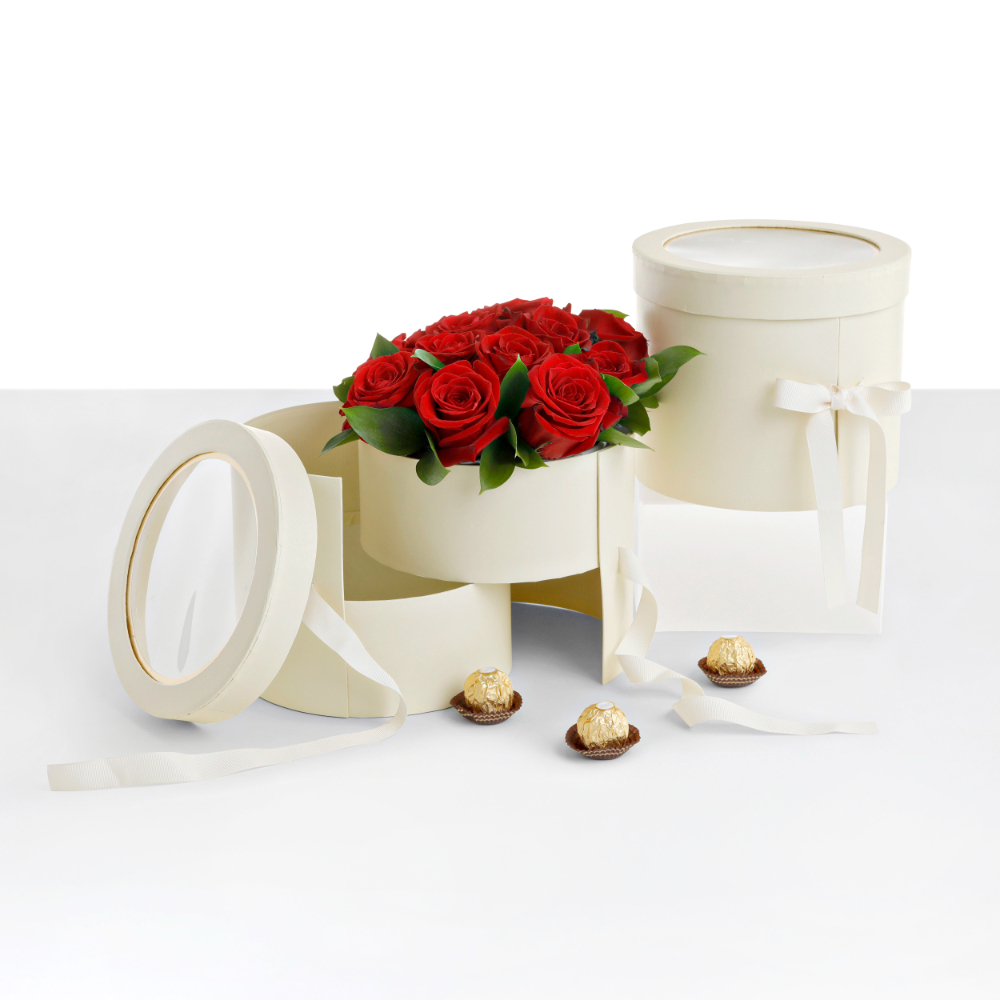 heart-shaped-flower-velvet-hat-box-white-pink-valentines-gift-square-cylinder-flowers-florist-supplies-floral-bouquet-wrap-paper-packaging-for-arrangement-party-favor-boxes-w9594yellow 2-tiered Round Shaped Flower/Gift Box, Size 7.8" dia x 6.7", Plastic Liner, Various Colors | W959