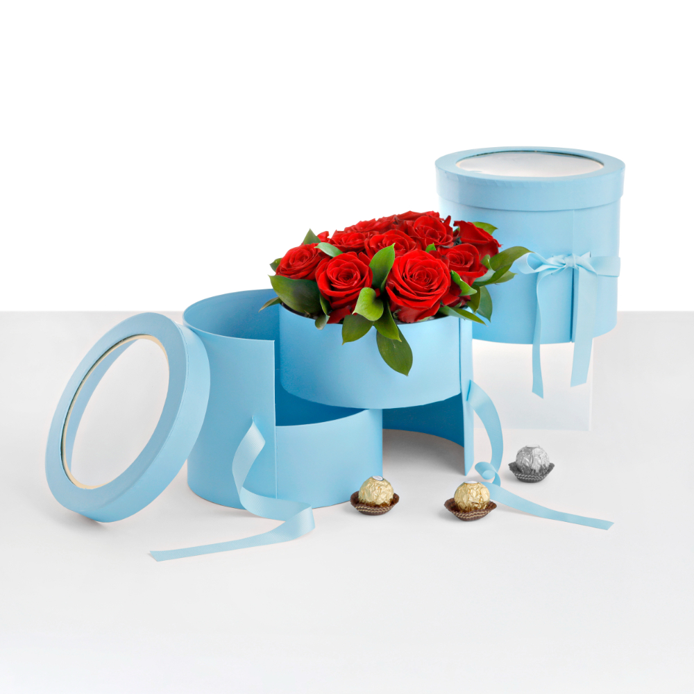 heart-shaped-flower-velvet-hat-box-white-pink-valentines-gift-square-cylinder-flowers-florist-supplies-floral-bouquet-wrap-paper-packaging-for-arrangement-party-favor-boxes-w9596_ob 2-tiered Round Shaped Flower/Gift Box, Size 7.8" dia x 6.7", Plastic Liner, Various Colors | W959