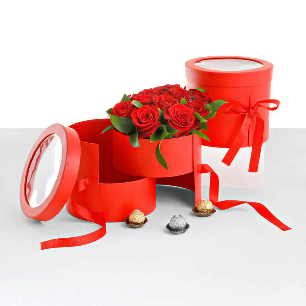 heart-shaped-flower-velvet-hat-box-white-pink-valentines-gift-square-cylinder-flowers-florist-supplies-floral-bouquet-wrap-paper-packaging-for-arrangement-party-favor-boxes-w9610 2-tiered Round Shaped Flower/Gift Box, Size 7.8" dia x 6.7", Plastic Liner, Various Colors | W959