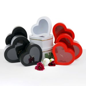 Set of 3 Florist Packing Flowers Gift Boxes Paper Red Heart Shape With Window 