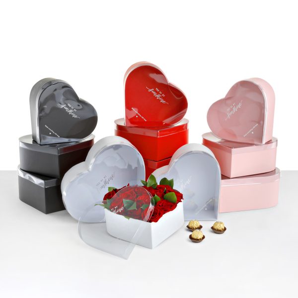 Set of 3, Heart Shaped Flower Boxes with Clear Lid, Various Colors | W982