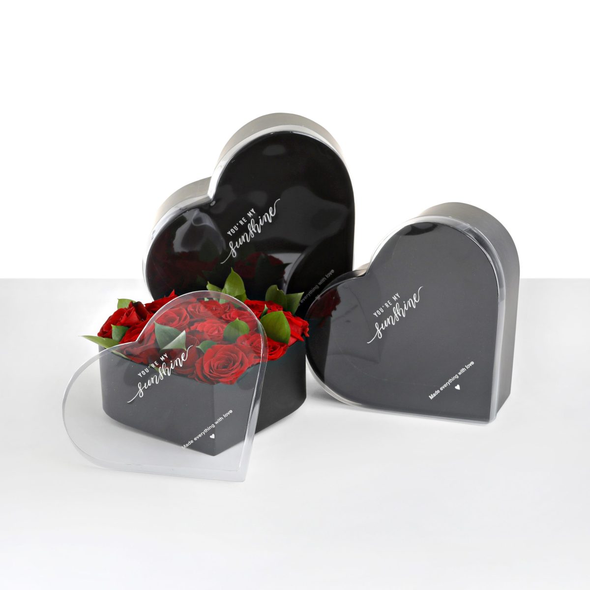 Set of 3, Heart Shaped Flower Boxes with Clear Lid, Various Colors | W982