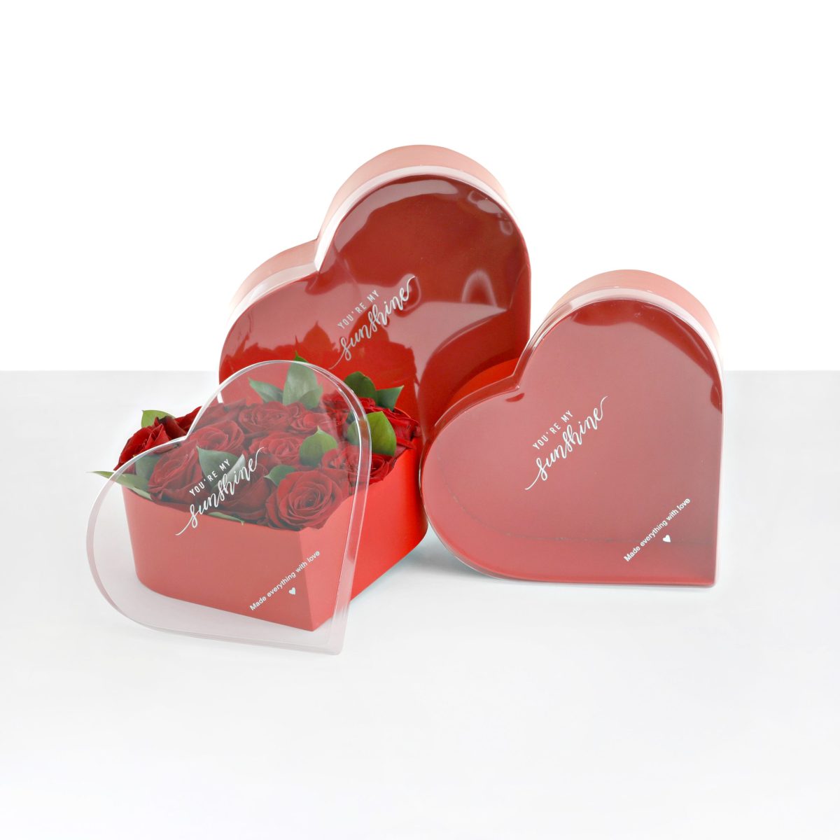 Set of 3, Heart Shaped Flower Boxes with Clear Lid, Various Colors | W982