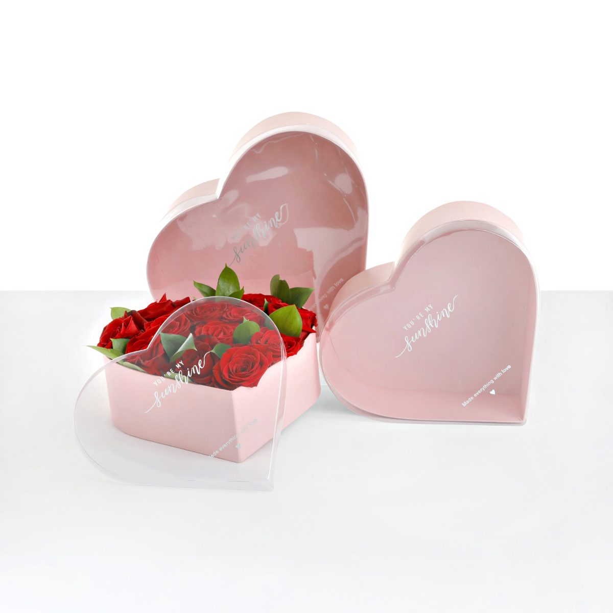 Set of 3, Heart Shaped Flower Boxes with Clear Lid, Various Colors | W982