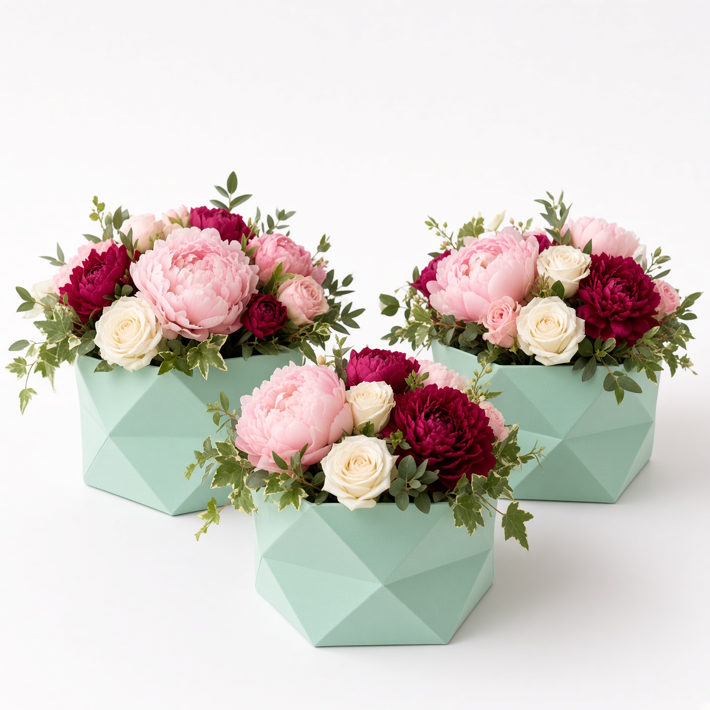 hexagon-velvet-flower-box-mint-with-flowers-w0130 Set of 3 Hexagon Velvet Flower Gift Boxes, 11.8″ Geometric Open Boxes | W012