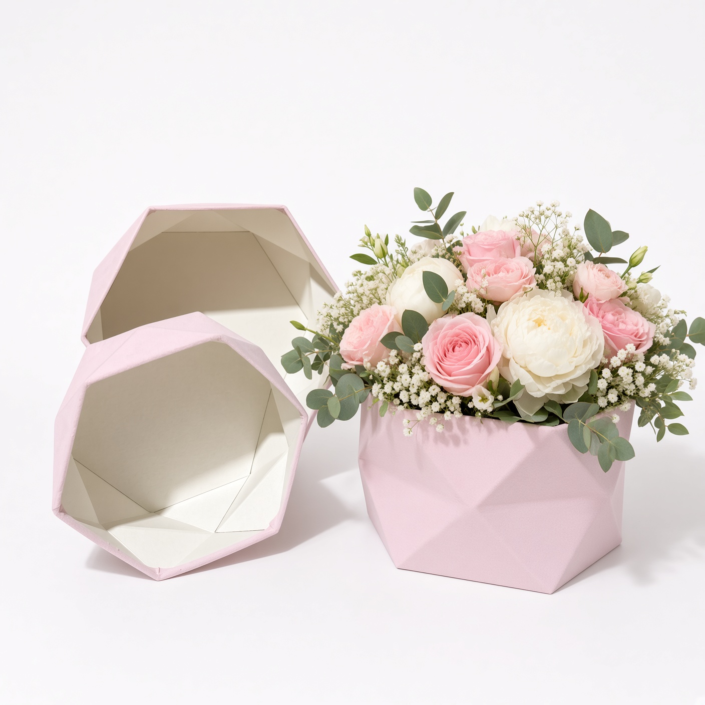hexagon-velvet-flower-box-pink-empty-and-filled-w0128 Set of 3 Hexagon Velvet Flower Gift Boxes, 11.8″ Geometric Open Boxes | W012