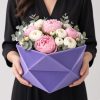 hexagon-velvet-flower-box-purple-peony-arrangement-holding-hands-w0129 Set of 3 Hexagon Velvet Flower Gift Boxes, 11.8″ Geometric Open Boxes | W012