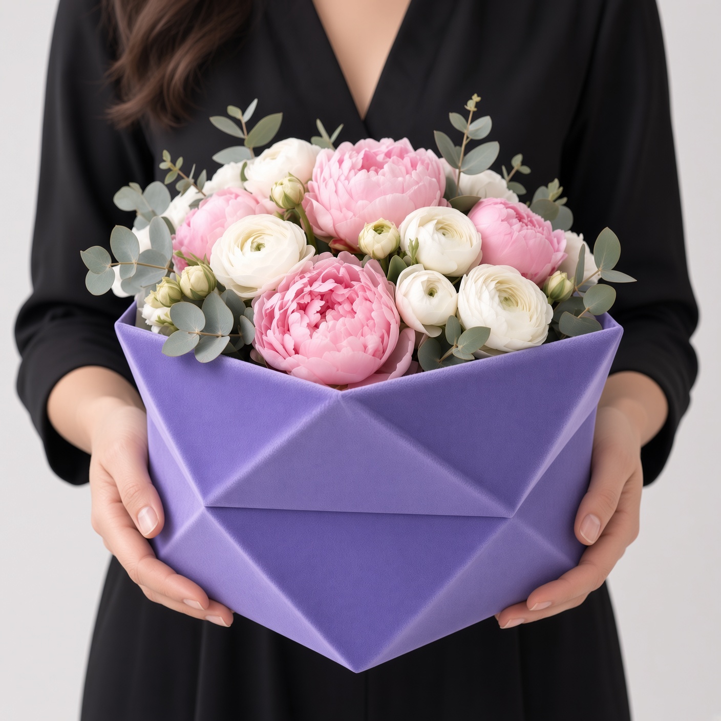 hexagon-velvet-flower-box-purple-peony-arrangement-holding-hands-w0129 Set of 3 Hexagon Velvet Flower Gift Boxes, 11.8″ Geometric Open Boxes | W012