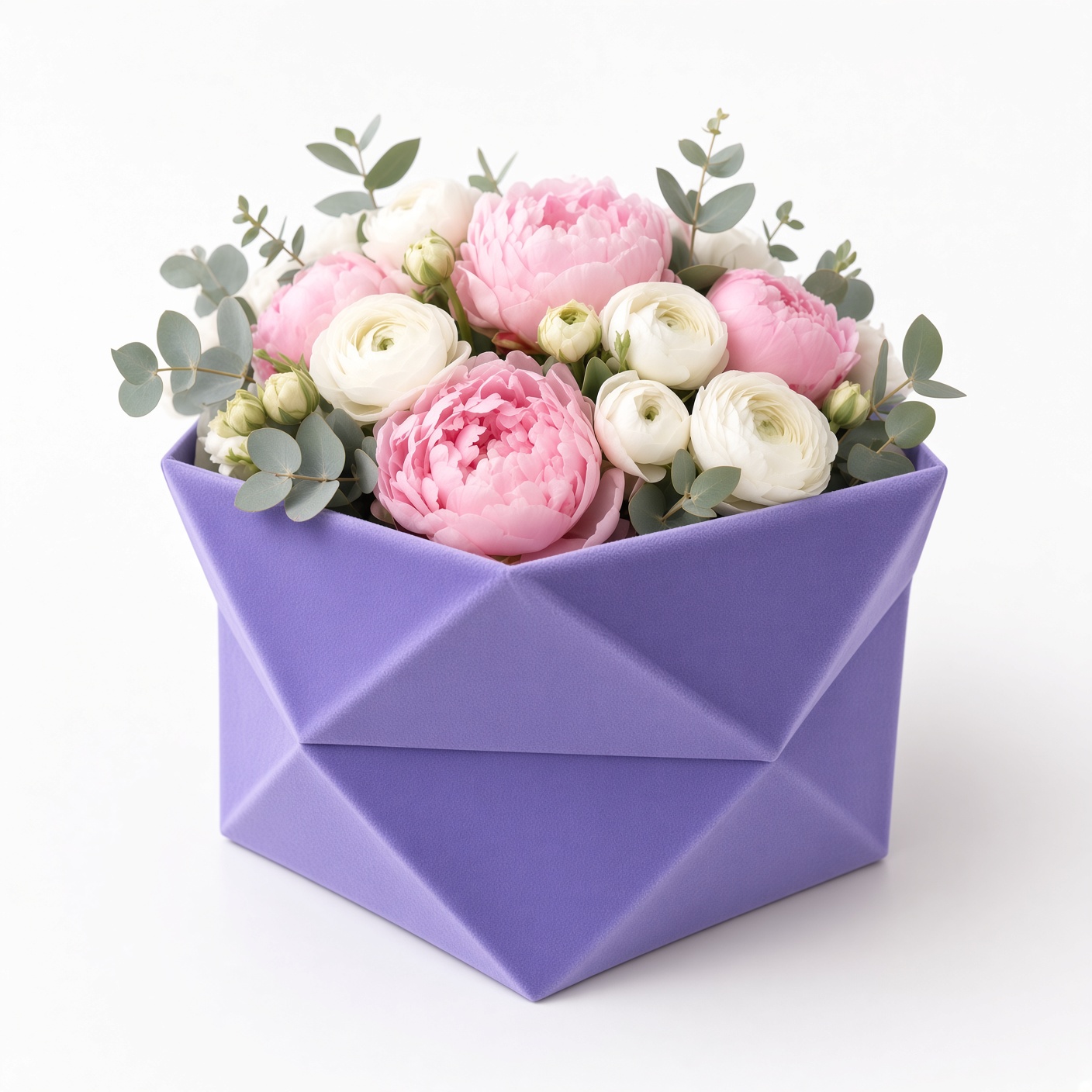 hexagon-velvet-flower-box-purple-peony-arrangement-w0129 Set of 3 Hexagon Velvet Flower Gift Boxes, 11.8″ Geometric Open Boxes | W012