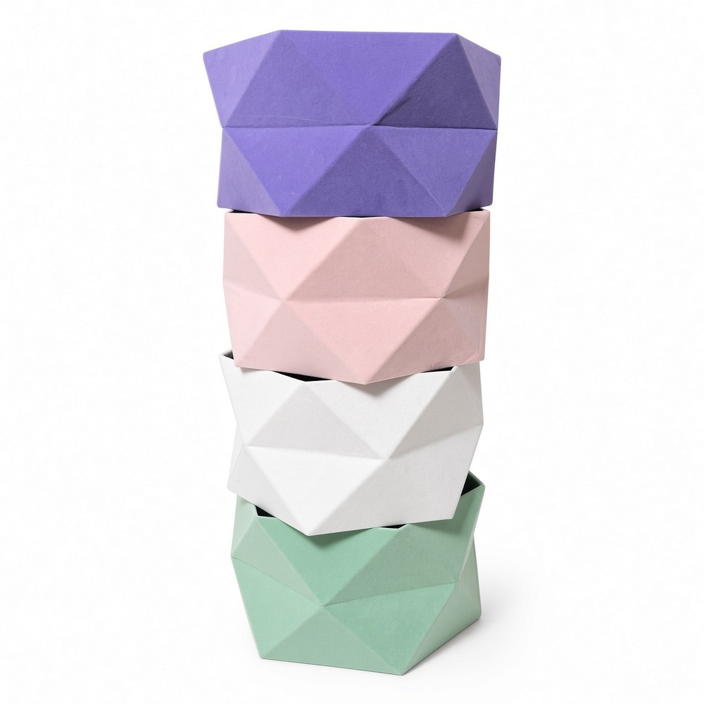 hexagon-velvet-flower-box-set-color-stack-w0127-w0130 Set of 3 Hexagon Velvet Flower Gift Boxes, 11.8″ Geometric Open Boxes | W012