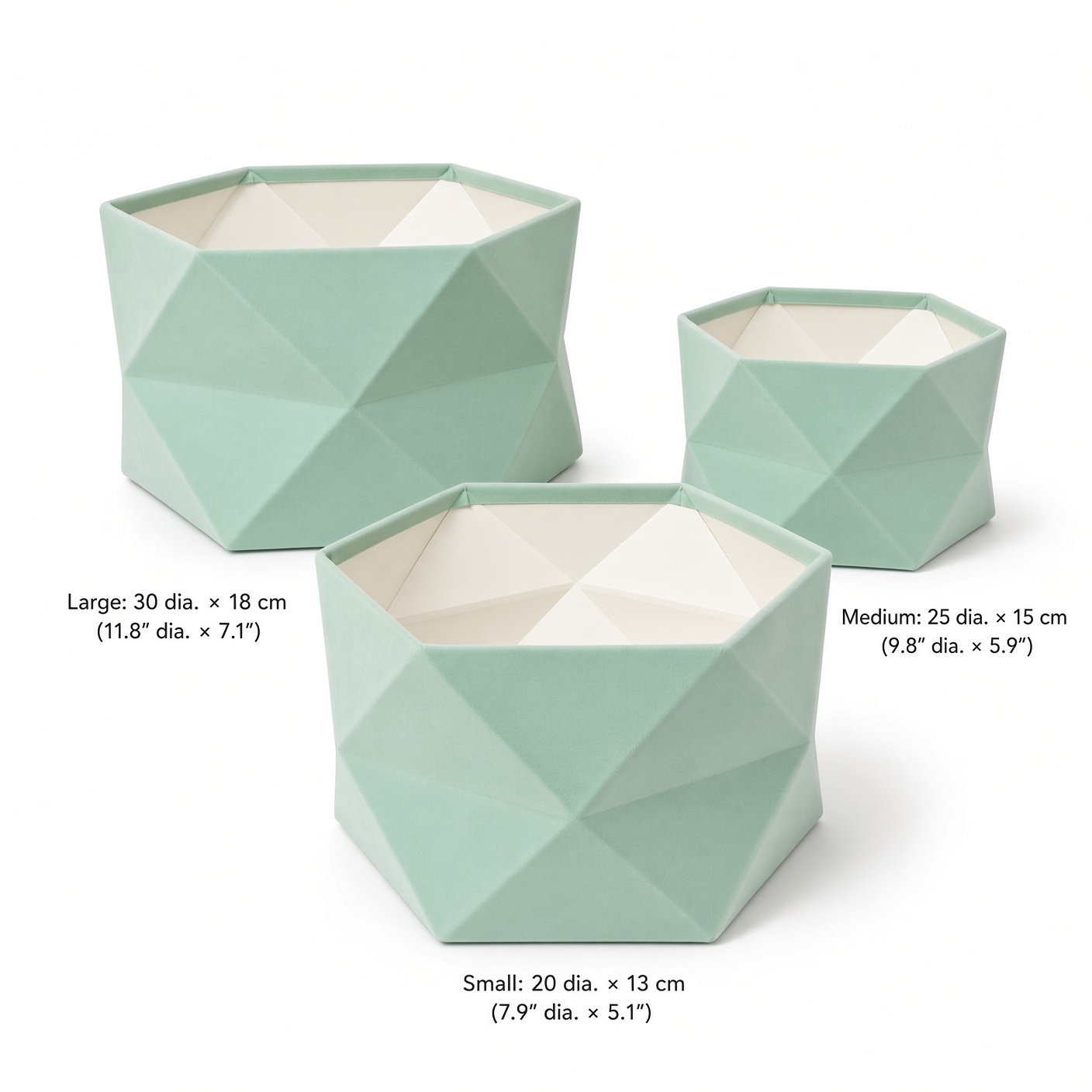 hexagon-velvet-flower-box-set-mint-open-sizing-w0130 Set of 3 Hexagon Velvet Flower Gift Boxes, 11.8″ Geometric Open Boxes | W012