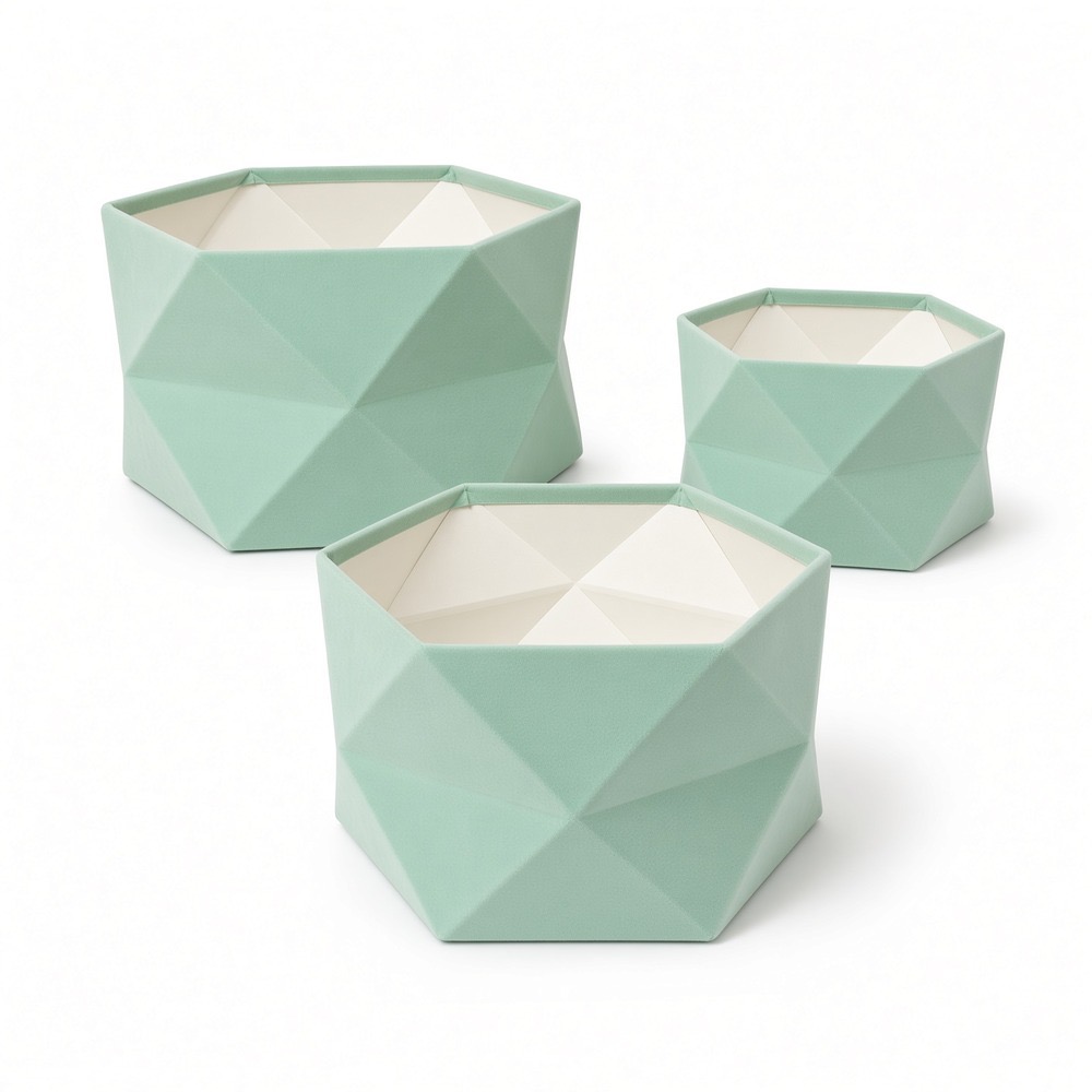 hexagon-velvet-flower-box-set-mint-open-w0130 Set of 3 Hexagon Velvet Flower Gift Boxes, 11.8″ Geometric Open Boxes | W012