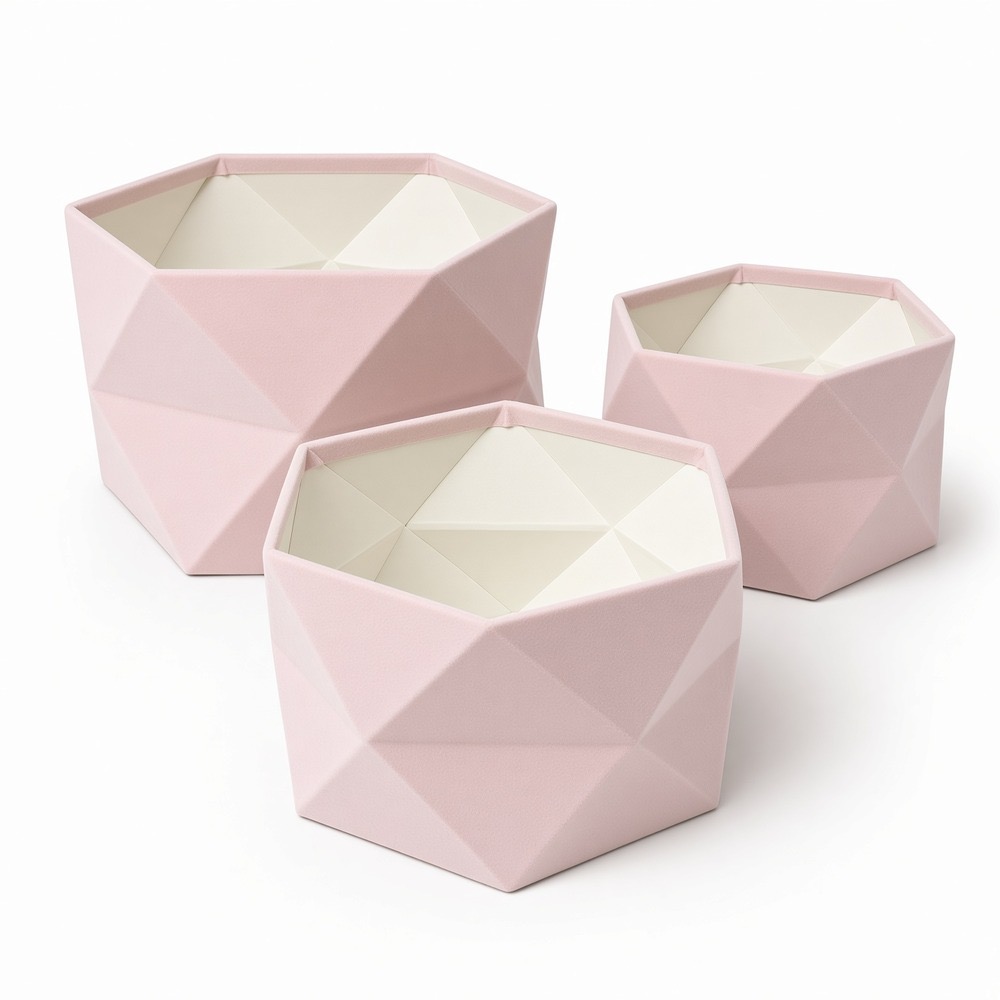 hexagon-velvet-flower-box-set-pink-open-w0128 Set of 3 Hexagon Velvet Flower Gift Boxes, 11.8″ Geometric Open Boxes | W012