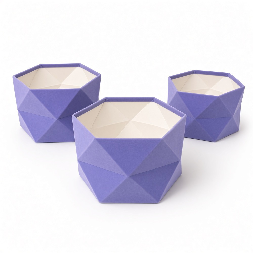 hexagon-velvet-flower-box-set-purple-open-w0129 Set of 3 Hexagon Velvet Flower Gift Boxes, 11.8″ Geometric Open Boxes | W012