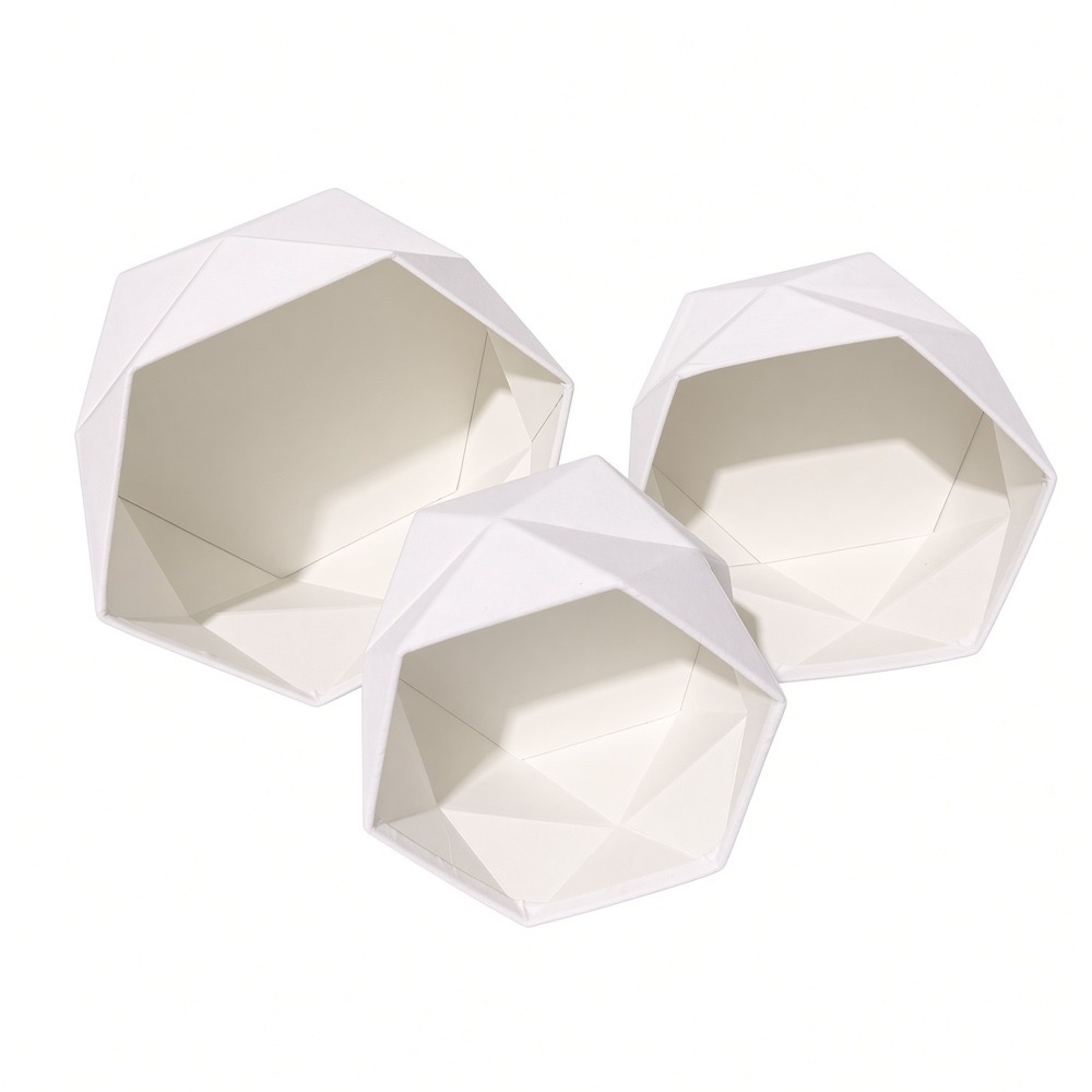 hexagon-velvet-flower-box-set-white-interior-w0127 Set of 3 Hexagon Velvet Flower Gift Boxes, 11.8″ Geometric Open Boxes | W012