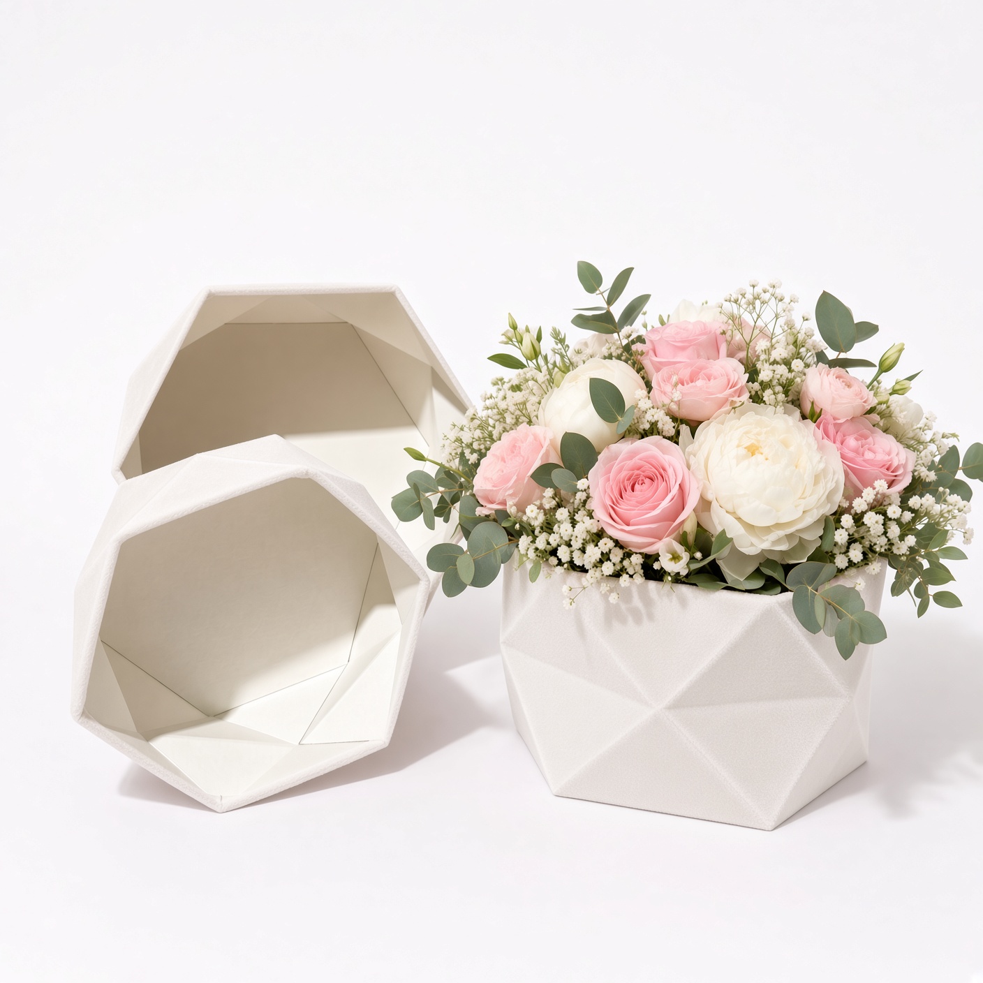 hexagon-velvet-flower-box-white-empty-and-filled-w0127 Set of 3 Hexagon Velvet Flower Gift Boxes, 11.8″ Geometric Open Boxes | W012