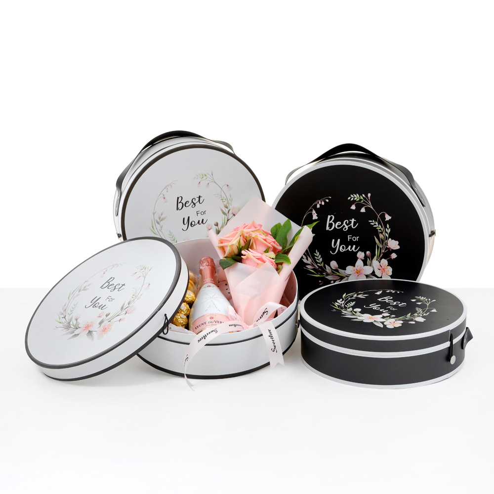 Set of 2, Large Round Shape Boxes with Eco Leather Handles, White or