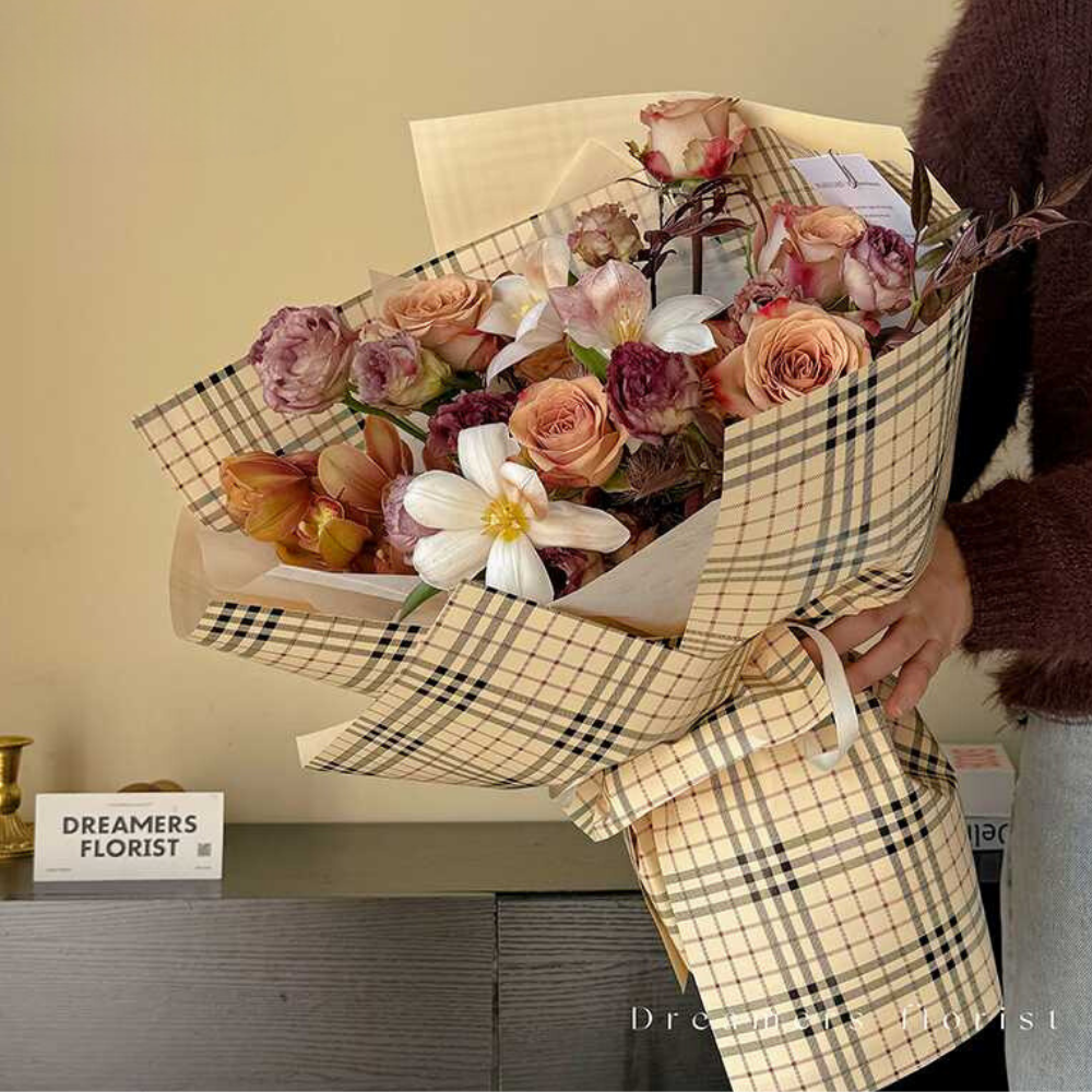 p-bglz-plaid-print-flower-wrapping-paper-korean-flower-wrap-cajas-florales-roses-plastic-waterproof-burberry-fashion-designer-beige