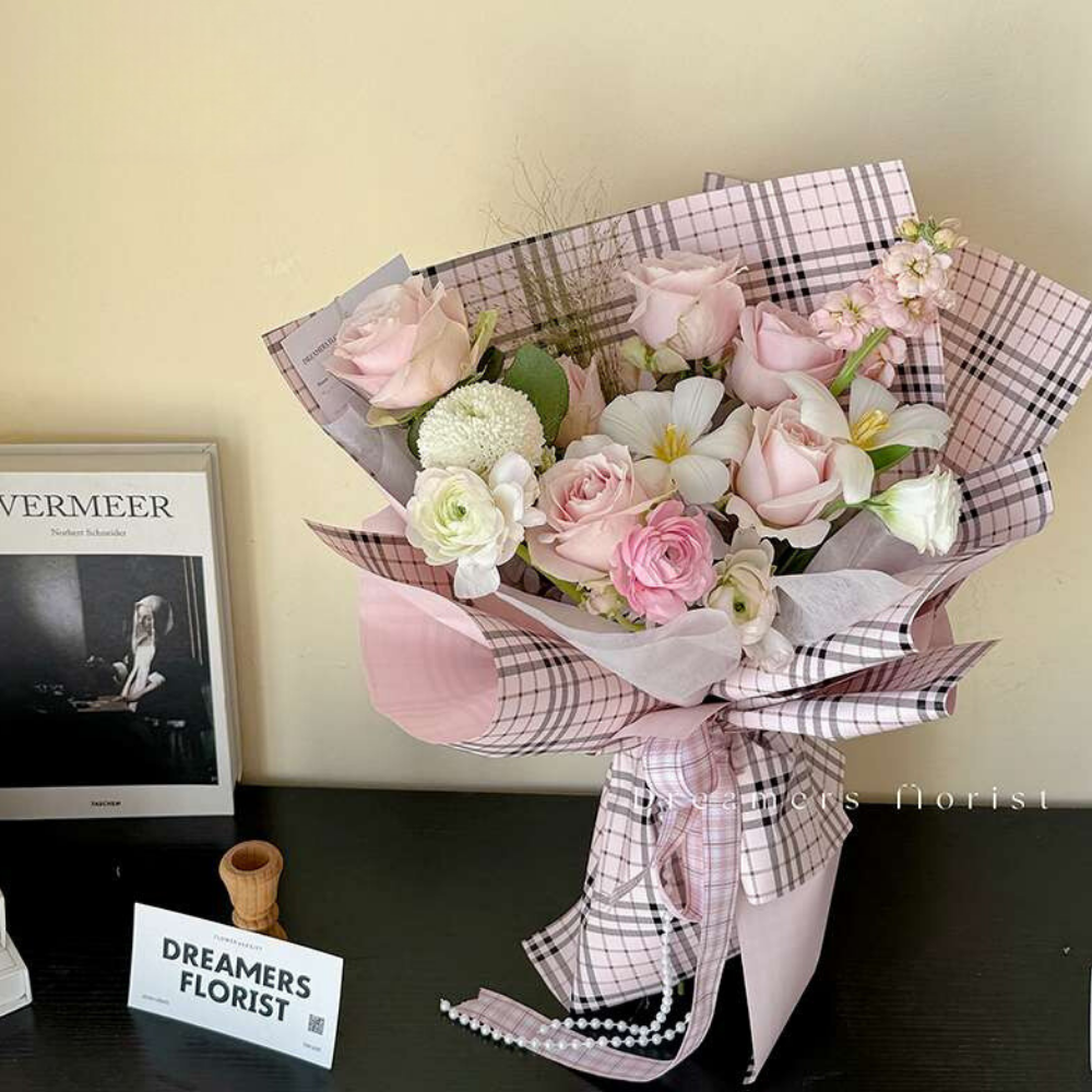 p-bglz-plaid-print-flower-wrapping-paper-korean-flower-wrap-cajas-florales-roses-plastic-waterproof-burberry-fashion-designer-pink