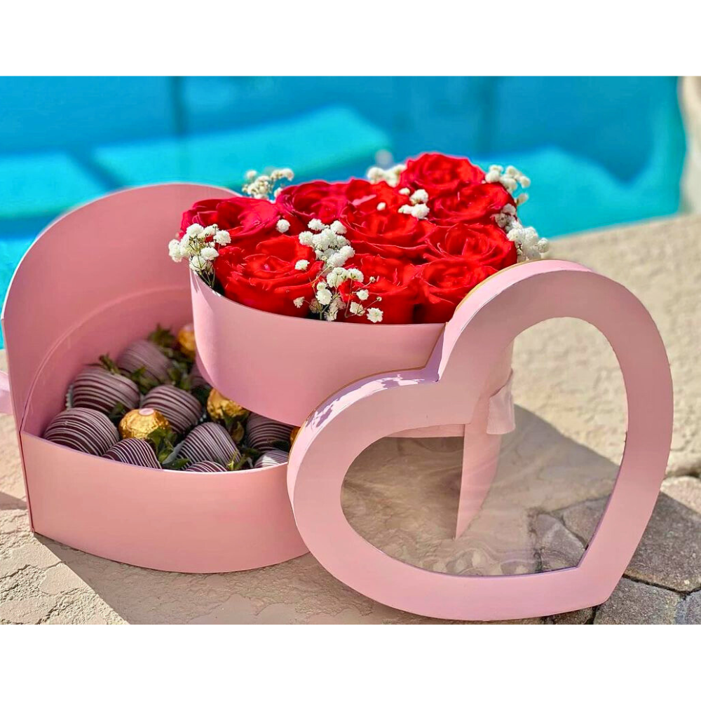 Double Layered Heart Shaped Flower/Gift Boxes with Plastic Liner - Size 9"x 8"x 6.5", Various Colors