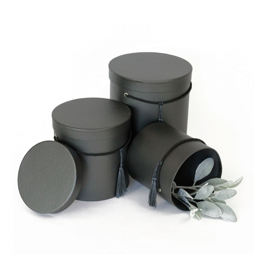 Set of 3, Round Flower/Gift Boxes with Lids, with Tassel Detail, Plastic Liner | W680