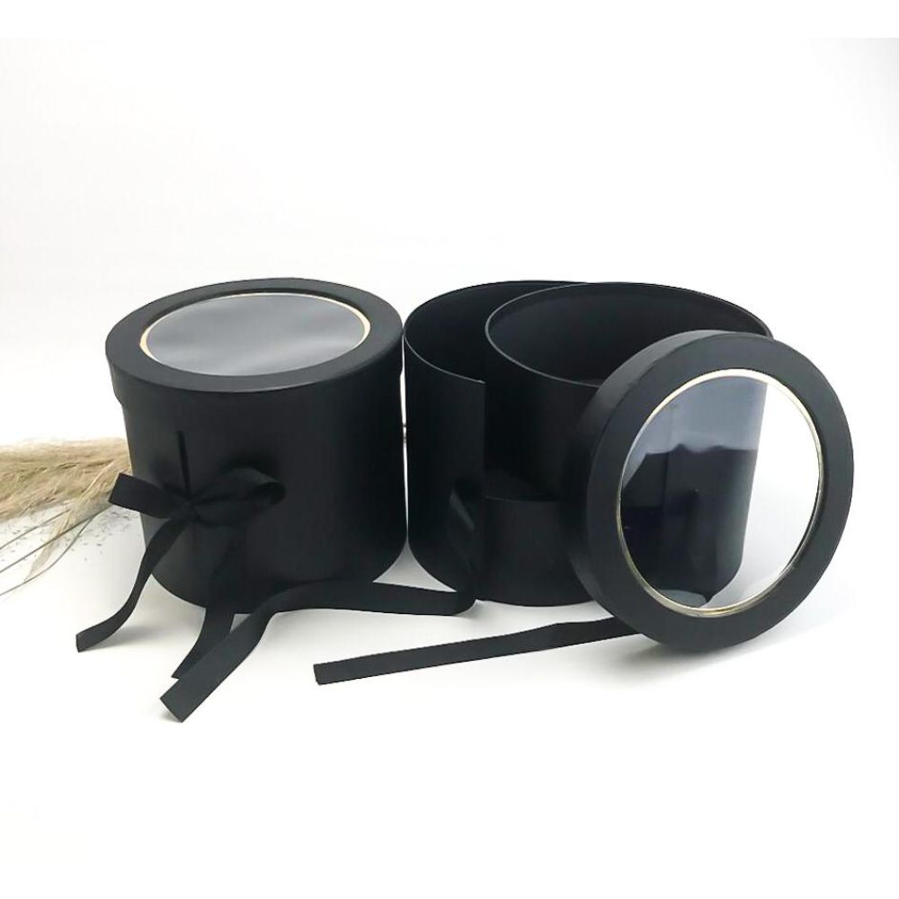 premium-quality-european-style-round-shape-flower-gift-box-black-w9590-4 2-tiered Round Shaped Flower/Gift Box, Size 7.8" dia x 6.7", Plastic Liner, Various Colors | W959
