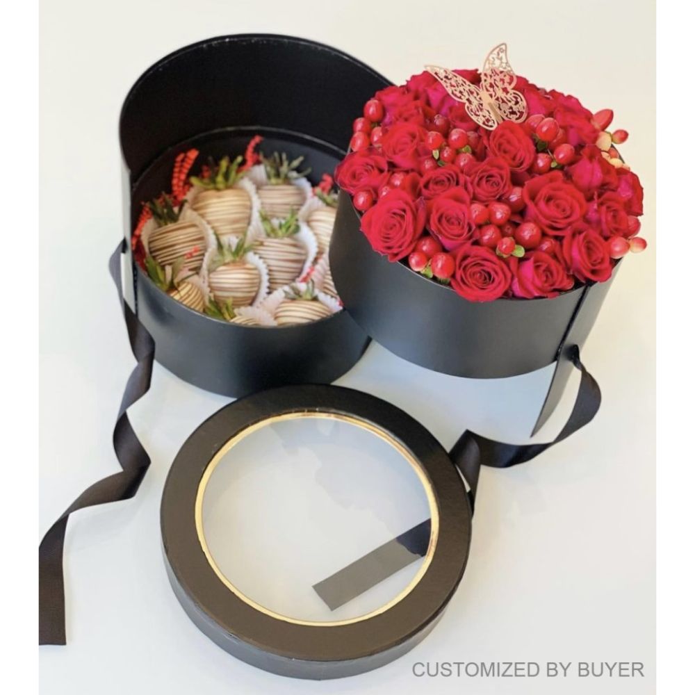 premium-quality-european-style-round-shape-flower-gift-box-black-w9590-9-910x1024 2-tiered Round Shaped Flower/Gift Box, Size 7.8" dia x 6.7", Plastic Liner, Various Colors | W959
