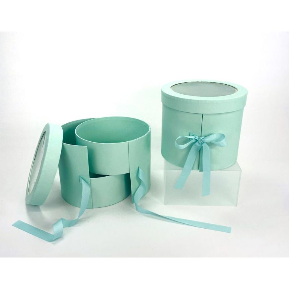 premium-quality-european-style-round-shape-flower-gift-box-teal-w9590TEAL-1-1110x868 2-tiered Round Shaped Flower/Gift Box, Size 7.8" dia x 6.7", Plastic Liner, Various Colors | W959